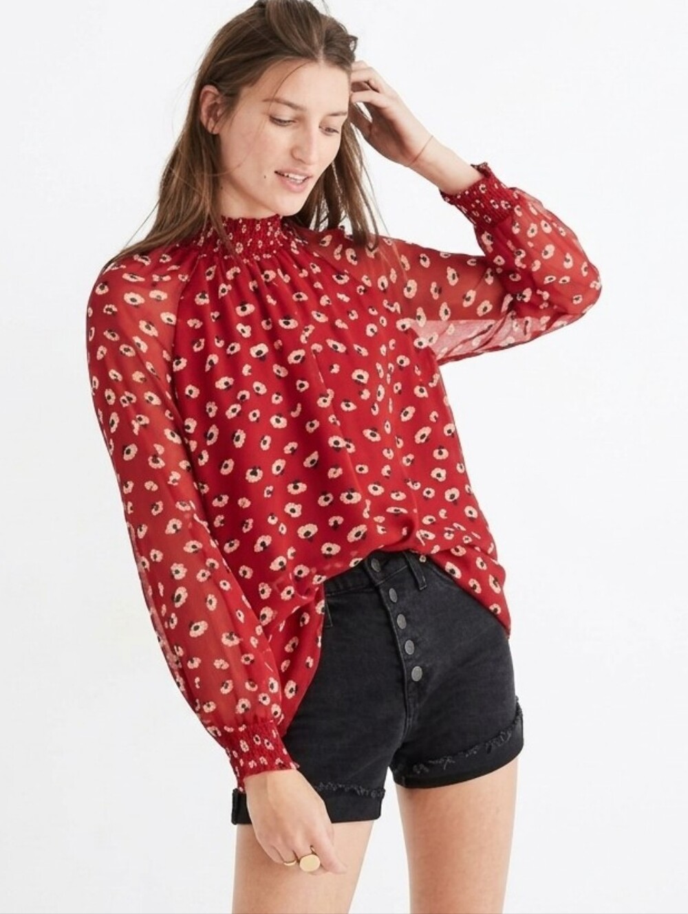 MADEWELL Red Floral Smocked Mock Neck Blouse Top S Mistlight